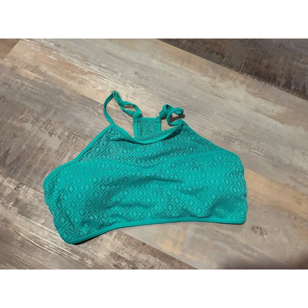 No Boundaries Teal Crochet High Neck Bikini Top Girls Size L 11-13 Racerback